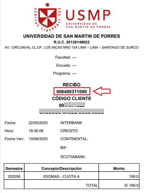 Ubicación del número de recibo